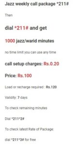 Jazz Weekly Call Package Code 70 Rupees